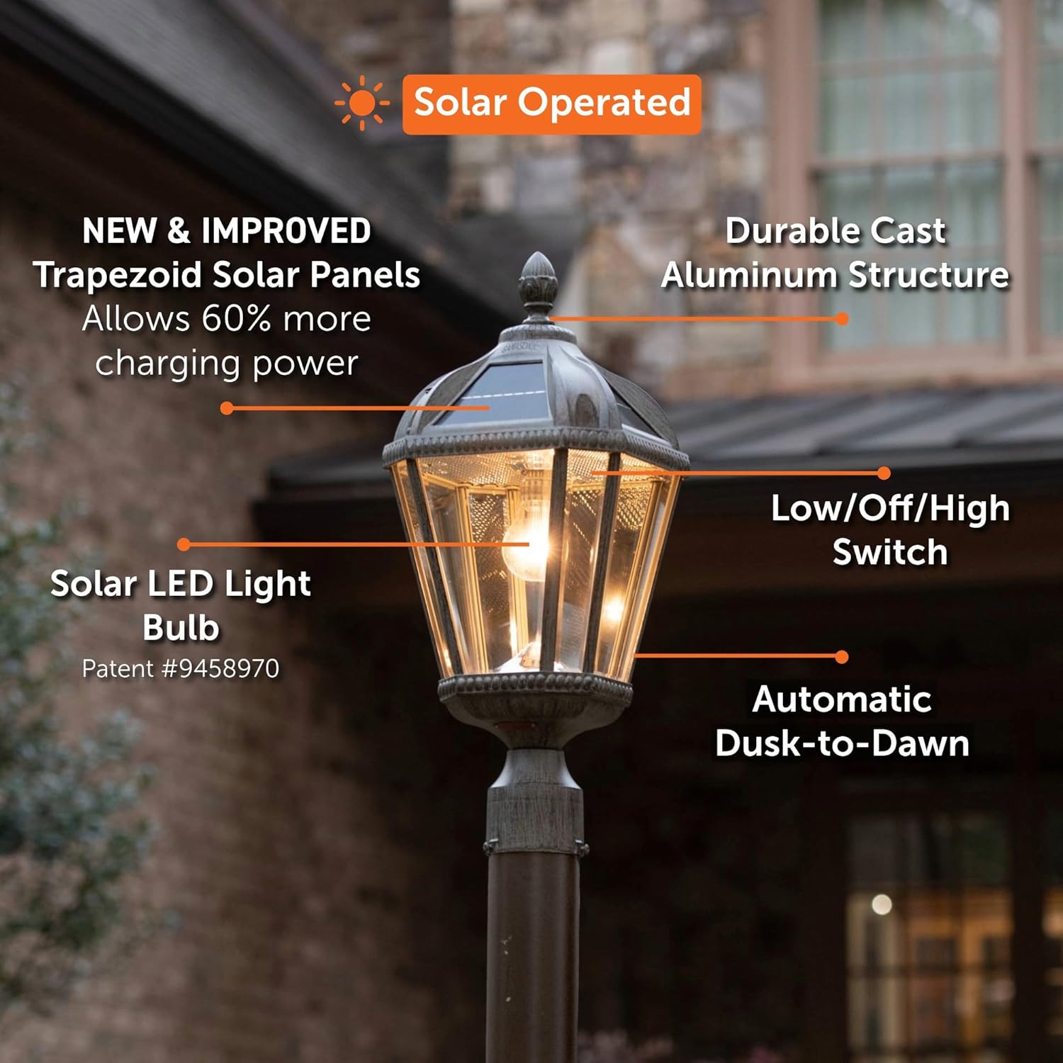 Gama Sonic Outdoor Solar Lamp Post Light, Weathered Bronze Finish Aluminum, Royal Bulb, Beveled Glass, 3-inch Fitter for Lamp Posts, 98B312, Upgraded-VerdiqueGarden