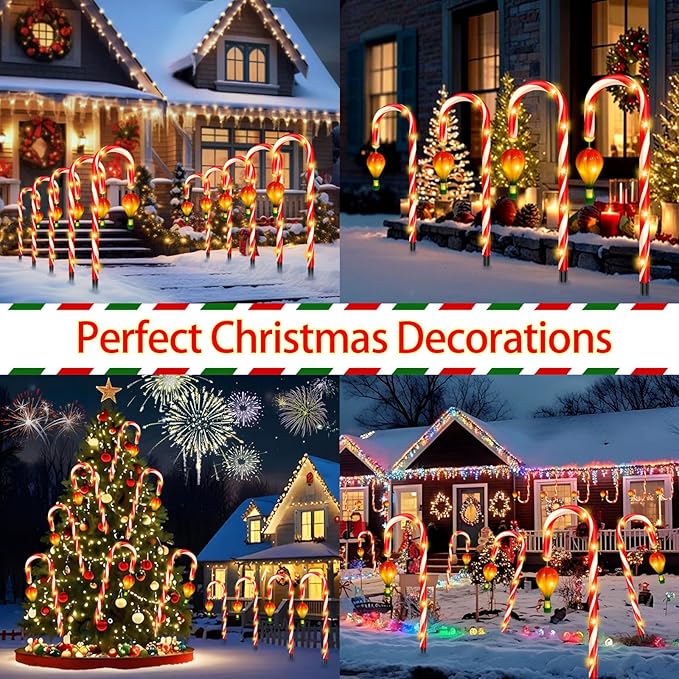 12 Pack Outdoor Solar Christmas Decorations, 180 Bright LED Solar Candy Cane Christmas Lights 8 Lighting Modes, Waterproof Outside Xmas Decorations with Lantern Decor Lights for Pathway Yard Garden-VerdiqueGarden