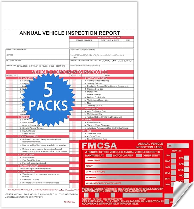 Annual Vehicle Inspection Report Form 5-pk 3-Ply Carbonless,8.5" x 11.75" + Label Aluminum,Permanent Adhesive 6" x 3.5"-VerdiqueGarden