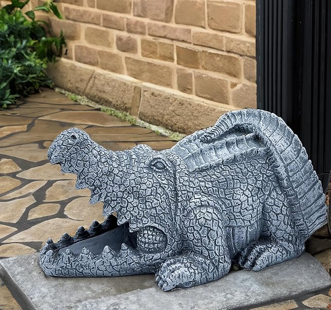 Realistic Crocodile Statue, Garden Rain Downspout Diverter, Splash Block & Gutter Extender, Decorative 3"x4" Gutter Extension, Outdoor Decor Sculpture, Unique Gutter Downspout Decoration-VerdiqueGarden