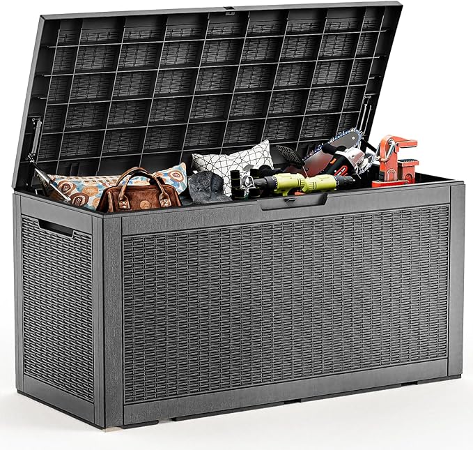 102 Gallon Outdoor Storage Box Waterproof, UV Resistant Resin Deck Box with Hydraulic Rod, Lockable Design and Enhanced Durability for Patio, Garden, and Poolside Use-VerdiqueGarden