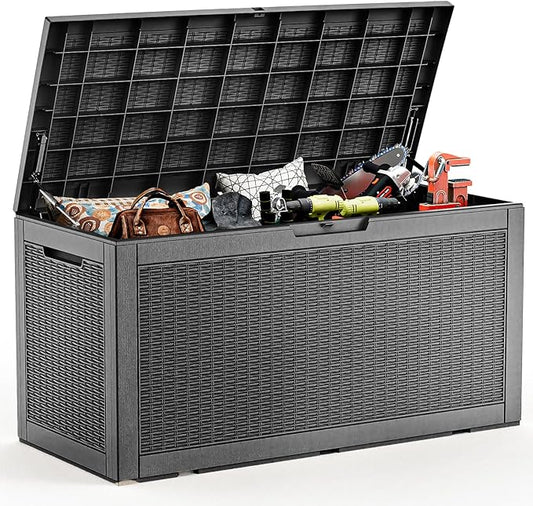 102 Gallon Outdoor Storage Box Waterproof, UV Resistant Resin Deck Box with Hydraulic Rod, Lockable Design and Enhanced Durability for Patio, Garden, and Poolside Use-VerdiqueGarden