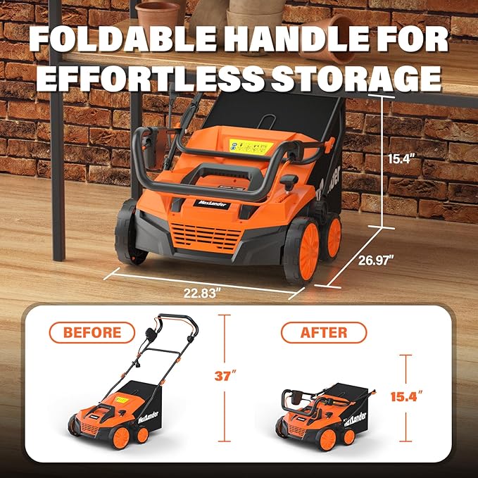 MAXLANDER 15” 13 Amp Electric Dethatcher and Scarifier, 2-in-1 Lawn Dethatcher with 5-Position Depth Adjustment, 45L Removable Collection Bag, Airboost Technology Increases Lawn Health-VerdiqueGarden