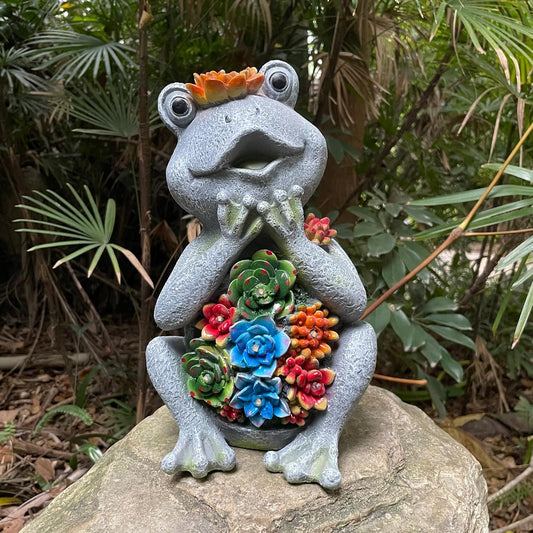 Solar Garden Frog Statues with Outdoor Light for Outdoor Decor Succulent and 8 LED Lights Solar Frog Art Decor for Lawn Yard Decor Gifts for Women Mother's Day Birthday-VerdiqueGarden