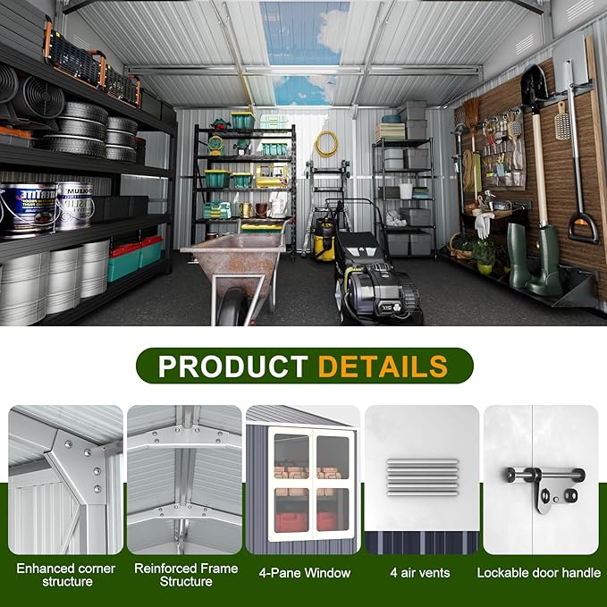 12x10 FT Metal Sheds & Outdoor Storage: Heavy Duty Garden Sheds with Dual Transparent Panels, 2x4-Pane Windows & Hinged Double Doors, Weatherproof Tool Shed for Backyard, Garden, Patio, Grey/White-VerdiqueGarden