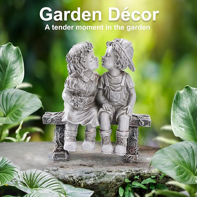 Lily's Home First Kiss Resin Garden Statue, Little Girl and Boy Kissing Yard Miniature Figurine,Small and Exquisite, 9 Inch-VerdiqueGarden