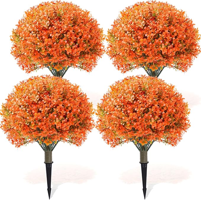 Yunlly 4 Pack 18" Artificial Boxwood Ball Bush Topiary Trees Fake Outdoor Plants, Realistic UV Resistance Faux Shrubs with Spike Greenery Topiary for Front Porch Garden Yard Patio Indoor (Orange)-VerdiqueGarden