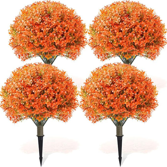 Yunlly 4 Pack 18" Artificial Boxwood Ball Bush Topiary Trees Fake Outdoor Plants, Realistic UV Resistance Faux Shrubs with Spike Greenery Topiary for Front Porch Garden Yard Patio Indoor (Orange)-VerdiqueGarden