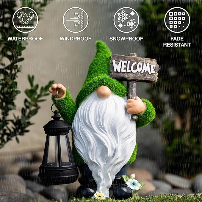 Garden Gnome Statue with Lantern - 11'' Spring Garden Gnomes Outdoor Christmas Decorations w/ Solar Light - Yard Gnomes Decorations - Vintage Solar Gnome, Housewarming Gifts for Women & Men-VerdiqueGarden