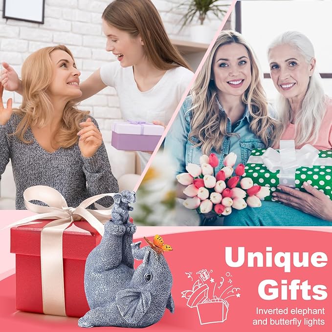 Mommy & Baby Elephant Garden Statue with Solar Butterfly Lights - Perfect Elephant Decor & Ornament for Women, Housewarming Gifts and as Garden Decorations-VerdiqueGarden