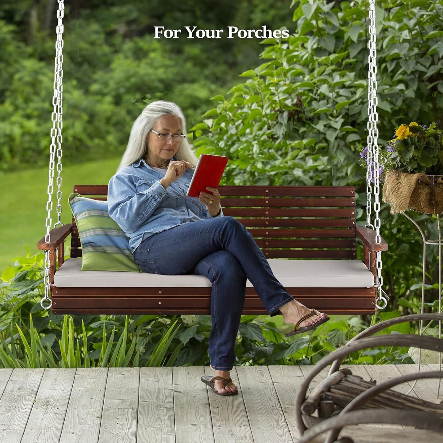 VINGLI Heavy Duty 880 LBS Patio Wooden Porch Swing Outdoor with Extra Cushion, Farmhouse Hanging Bench Tree Swing with Adjustable Chains for Yard | Garden | Lawn | Balcony (5 FT, Rustic)-VerdiqueGarden