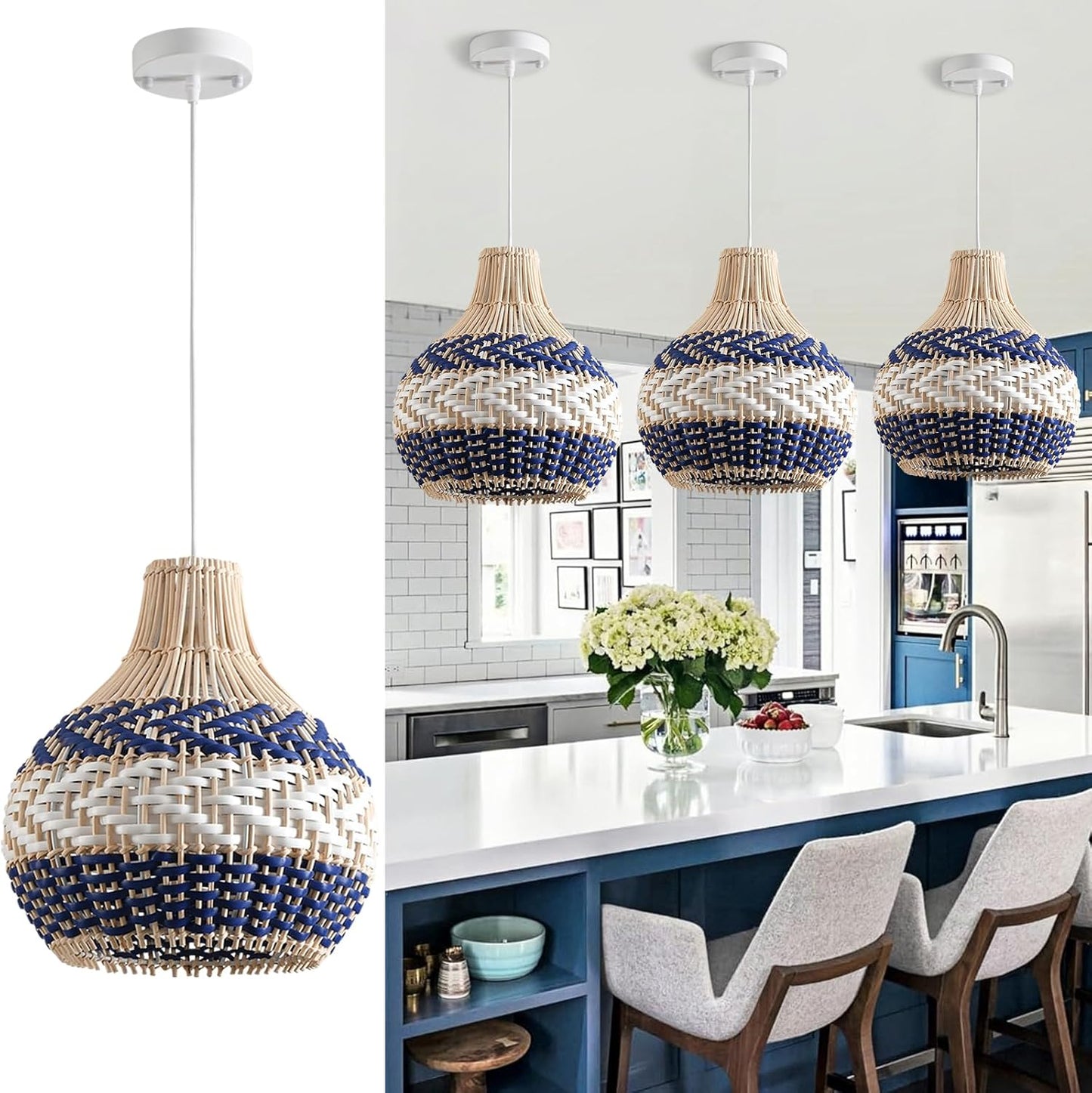 3-Pack Rattan Pendant Light Fixture 10.24" Blue White Hand-Woven Basket Fax Rattan Chandelier Boho Mini Wicker Hanging Lamp for Dining Living Bedroom Kitchen Farmhouse-VerdiqueGarden