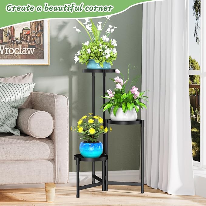 MOKANI Metal Plant Stand Indoor Outdoor for Multiple Plants, 3 Tiered Folding Corner Shelf Tall Flower Pot Holder Display Rack for Patio Living Room Balcony Garden, Black-VerdiqueGarden