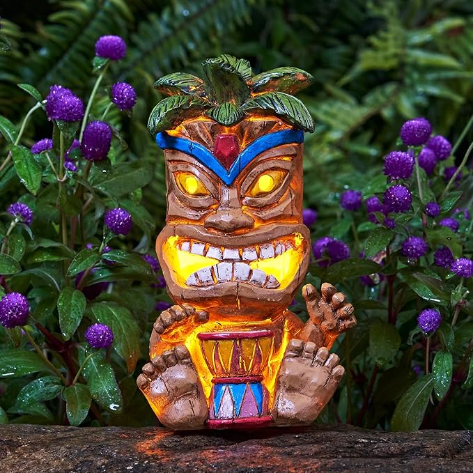 Outdoor Tiki Statue Decoration-Solar Power Light Tiki Garden Statues-Tiki Bar Decor Totem Pole Waterproof Figurines for Garden,Patio,Balcony,Yard,Lawn Ornament,10.43 Inch Tall-VerdiqueGarden