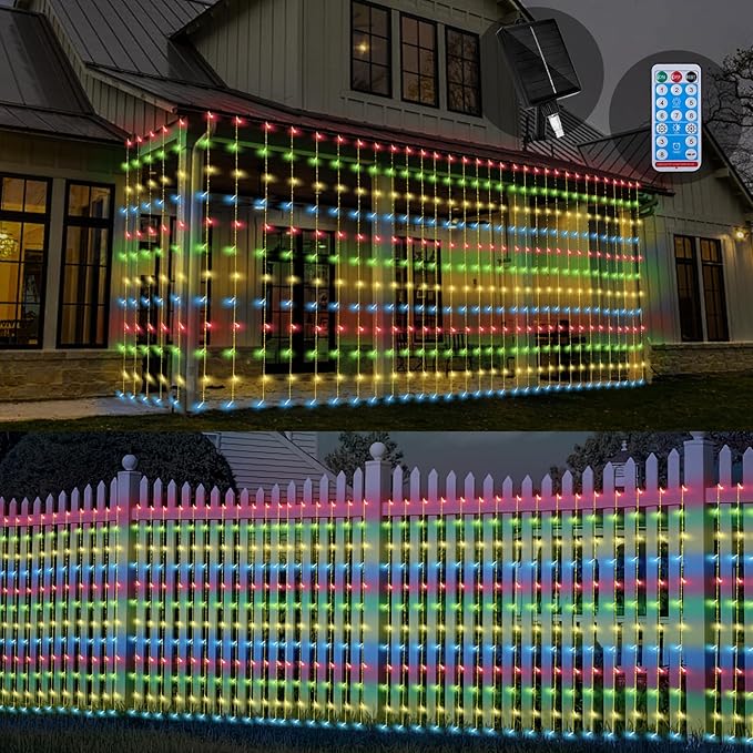 32.8 * 6.56FT Large Size Solar Curtain Lights Outdoor, 8 Modes String Icicle Lights, Garden Christmas Decortions for Patio, Gazebo, Eaves, Fence, Tree, Porch (Multicolor)-VerdiqueGarden