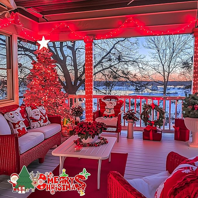 JMEXSUSS 33ft 100 LED Red Halloween Lights, 8 Modes Room String Light Indoor Plug-in, Clear Wire Red Christmas Lights Outdoor Waterproof for Halloween Bedroom, Party-VerdiqueGarden