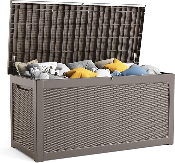 260 Gallon Resin Deck Box, Lockable Patio Outdoor Storage Box for Furniture, Garden Tools and Tools Storage, Waterproof Outside Storage Boxes - Grey-VerdiqueGarden