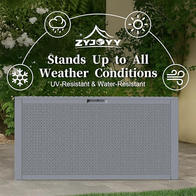 Outdoor Storage Box, 90 Gallon Deck Box, Waterproof Resin Storage Bin for Patio Cushions, Gardening Tools, Lockable, UV Resistant, Grey-VerdiqueGarden