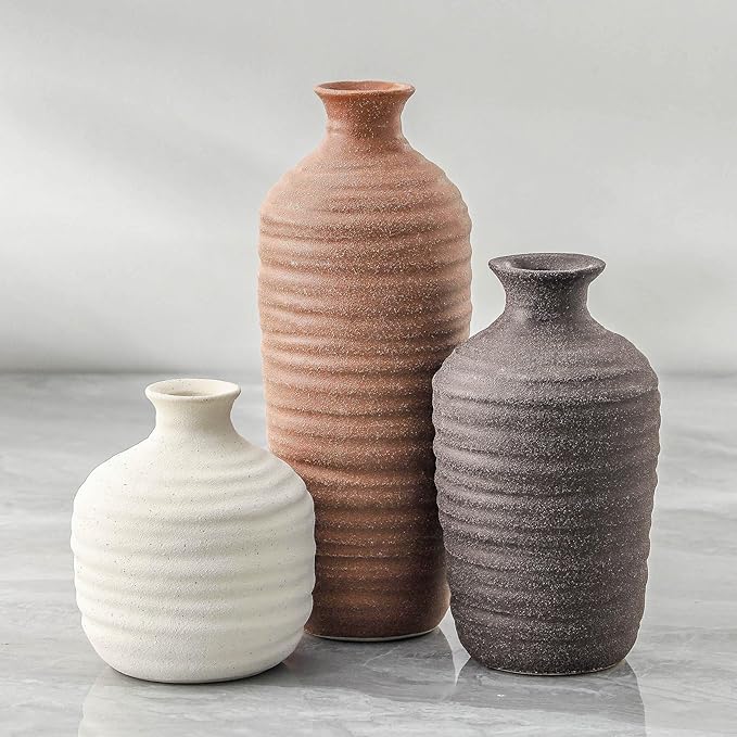Ceramic Vase Set of 3 Neutral Decorative Vase for Farmhouse, Boho, or Rustic Home Decor Pottery Vases for Pampas Grass Living Room Bedroom Table Mantel Entryway Shelf (01-Brown)-VerdiqueGarden