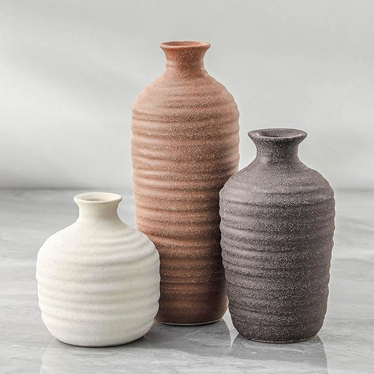 Ceramic Vase Set of 3 Neutral Decorative Vase for Farmhouse, Boho, or Rustic Home Decor Pottery Vases for Pampas Grass Living Room Bedroom Table Mantel Entryway Shelf (01-Brown)-VerdiqueGarden