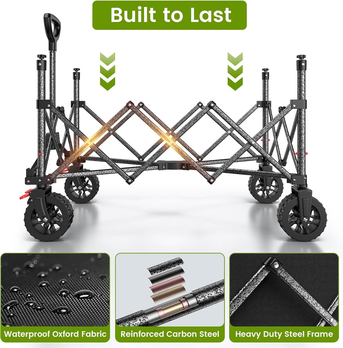 Folding Wagon Cart with Wheels, 180L 330LBS Heavy Duty Utility Wagon, Beach Wagon with All-Terrain Wheels, Portable Grocery Wagons for Camping, Shopping, Garden, Sports, Black-VerdiqueGarden