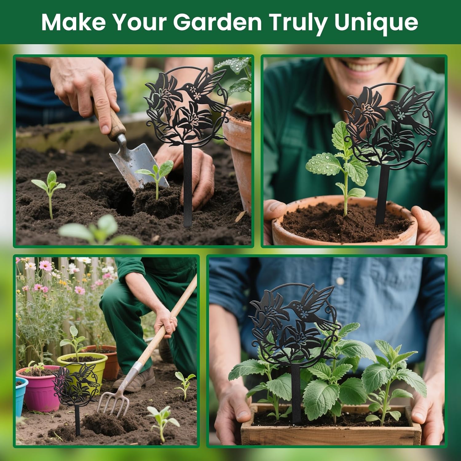 CUTHOLLOW Metal Plant Marker Stake Hummingbird and Flower for Outdoor Indoor, Waterproof 11.8 inch Cute Garden Plant Labels Sign Tag for Vegetables, Farmhouse Greenhouse Decor - Funny Gardening Gifts-VerdiqueGarden