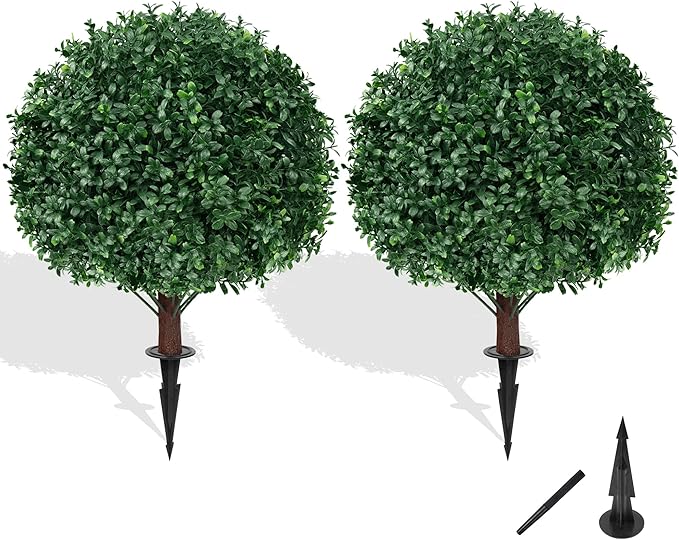 Artificial Boxwood Topiary Ball Tree with Ground Spike, Set of 2 Artificial Shrub Bushes, Fake Evergreen Tree for Porch, Artificial Plants for Outdoor Planters Indoor UV Resistant-VerdiqueGarden