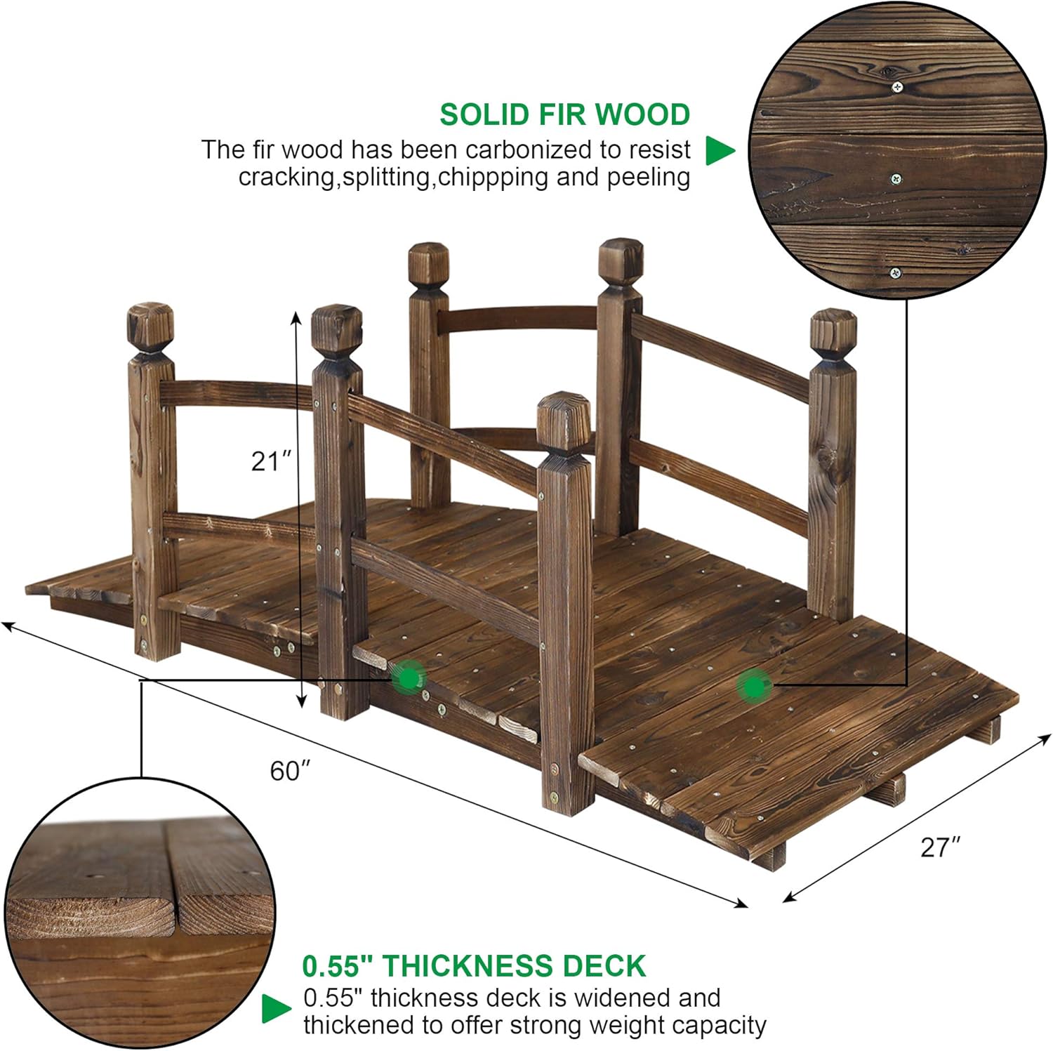 5FT Wooden Garden Bridge Arch Stained Finish Footbridge Decorative Backyard Bridge with Double Safety Railings Outdoor Lawn Pond Bridge Walkway for Garden Yard Patio Courtyard Farm Stream Creek-VerdiqueGarden