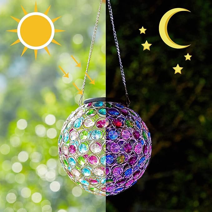 Solar Lantern Hanging Outdoor Christmas Decorative, Dual LEDs Color Changing and Cool White Crystal Globe Lamp Hanging Light Waterproof with S Hook Decor in Garden, Pathway, Front Door- Multi Color-VerdiqueGarden