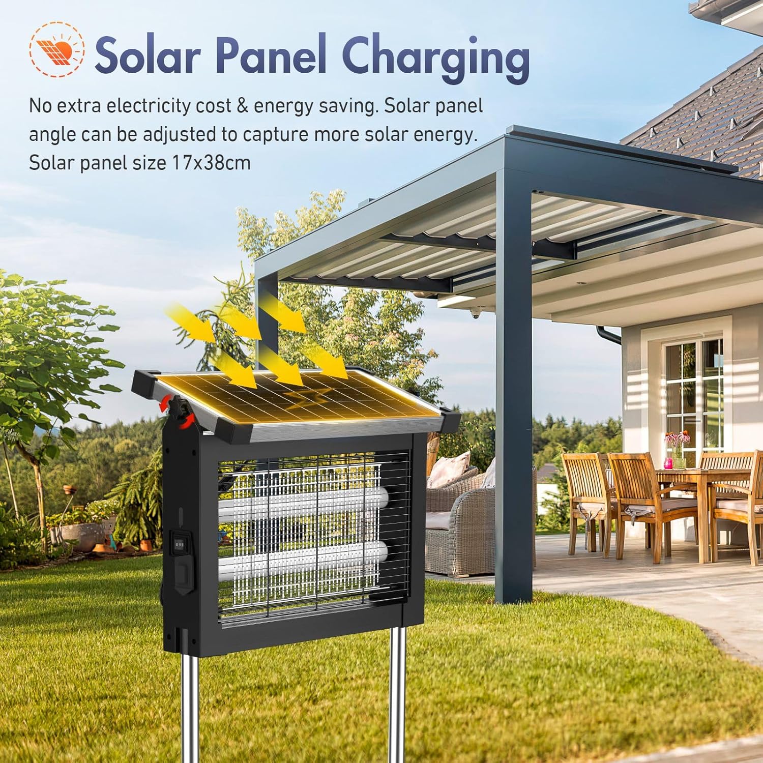 Solar Bug Zapper Outdoor, Jinyeda 4500V Rechargeable Mosquito Zapper 4000mAh Battery, Detachable Solar Panel, Waterproof Mosquito Killer, Cordless Fly Insect Zapper for Indoor Patio Garden Camping-VerdiqueGarden