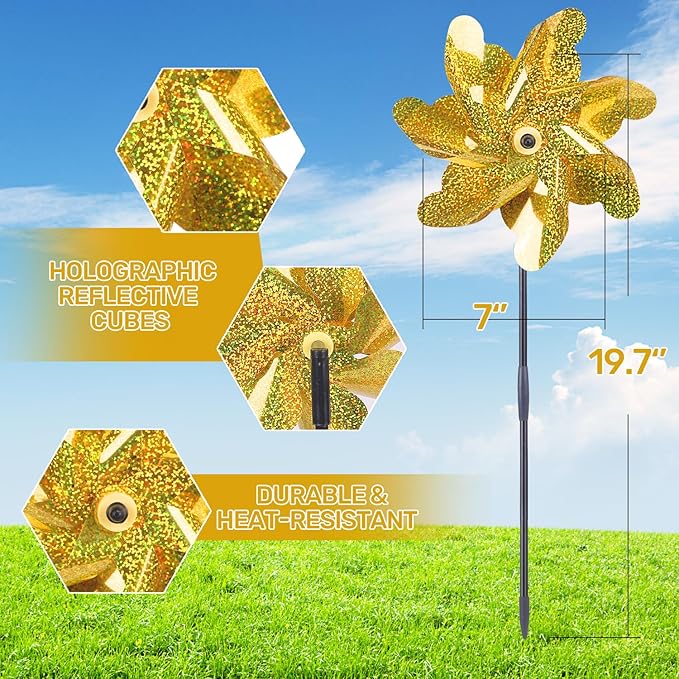 BATTIFE Golden Pinwheels for Garden, 10 Pack Reflective Wind Spinner to Scare Birds Away, Sparkly Pinwheel Deterrent, Outdoor Gold Pinwheel for Lawn and Patio-VerdiqueGarden