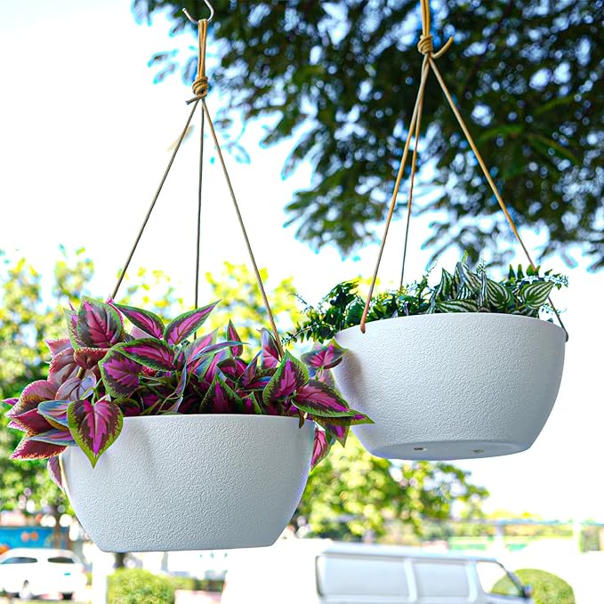 12 Inch 2 Pack Large Hanging Planters for Indoor Outdoor Plants, Plastic Hanging Basket Pots for House Plants Flowers, White-VerdiqueGarden