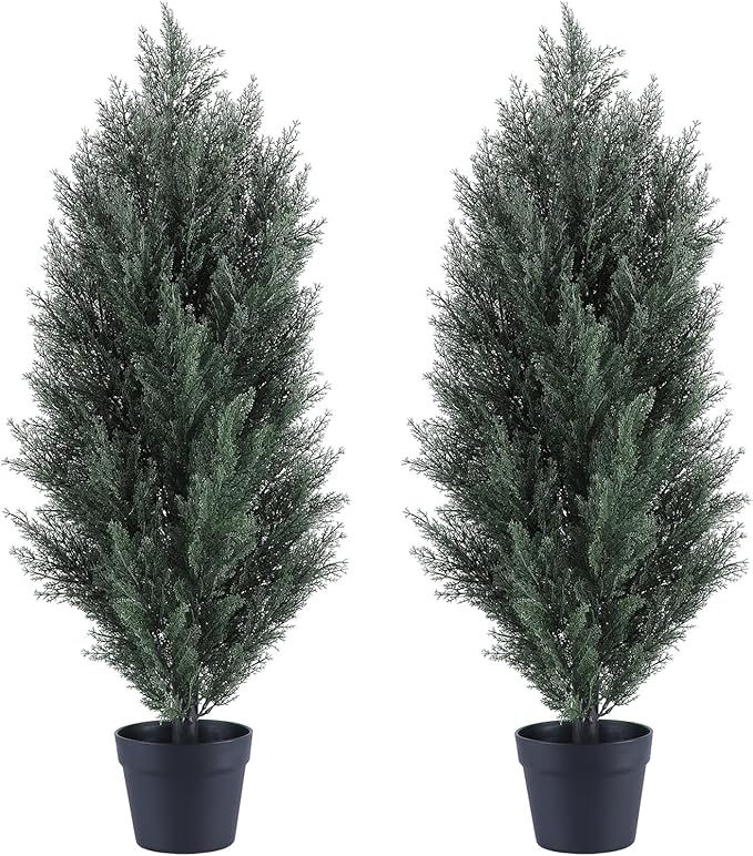 THE BLOOM TIMES 3ft Topiary Trees Artificial Outdoor 2 Pack – UV Resistant Faux Cedar Pine Cypress Bushes and Shrubs, Fake Potted Plants for Front Porch Outside Planter Patio Decor, Set of 2 (3 Foot)-VerdiqueGarden
