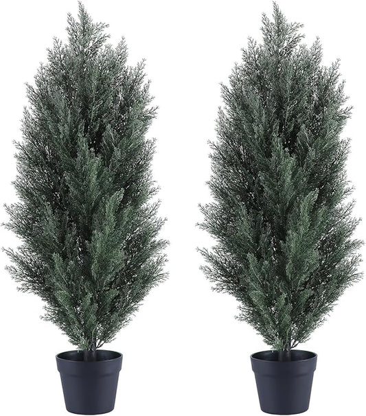 THE BLOOM TIMES 3ft Topiary Trees Artificial Outdoor 2 Pack – UV Resistant Faux Cedar Pine Cypress Bushes and Shrubs, Fake Potted Plants for Front Porch Outside Planter Patio Decor, Set of 2 (3 Foot)-VerdiqueGarden