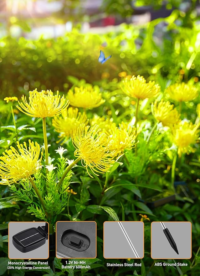 Brightown Outdoor Solar Garden Lights - 4 Pack LED Solar Flower Lights with Glowing Flowers & Stems, More Realistic, Bigger Solar Panel, Waterproof Solar Lights for Outside Yard Patio Home, Yellow-VerdiqueGarden