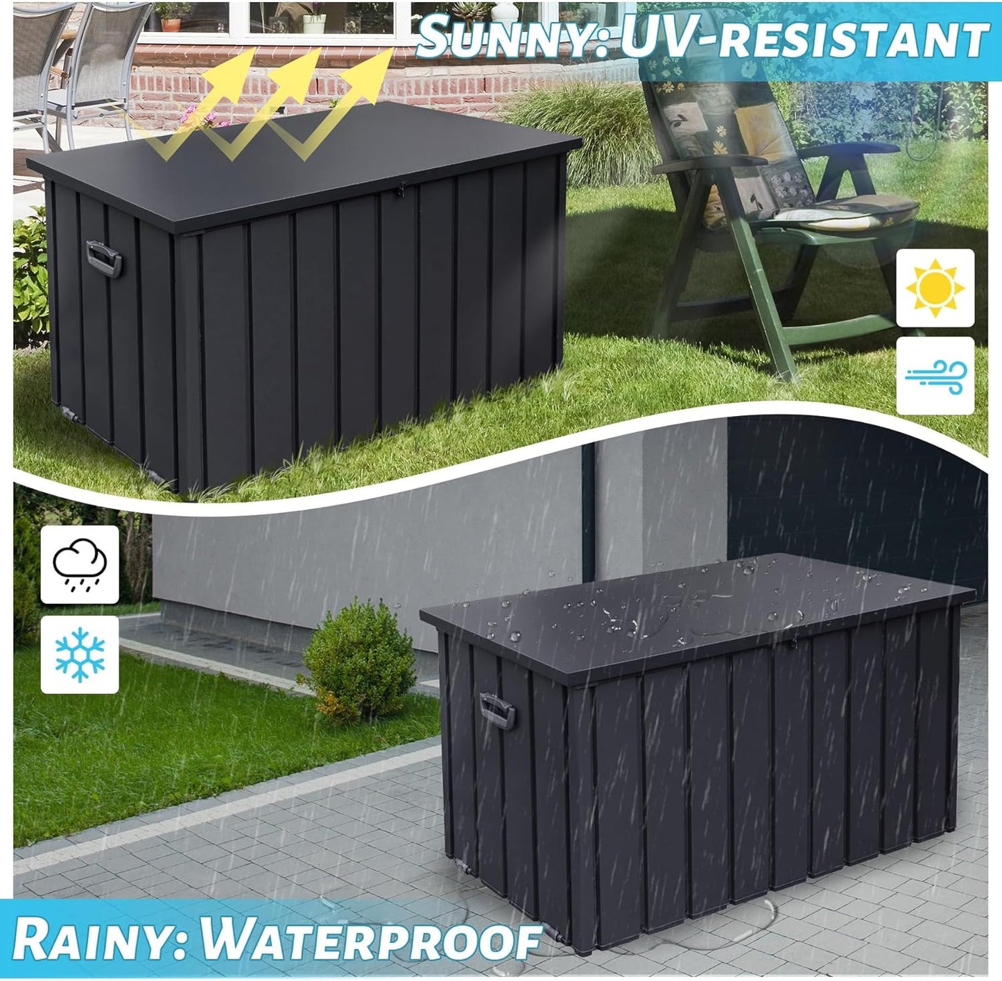 Metal Deck Box, 200 Gallon Outdoor Storage Box Waterproof, Large Patio Furniture Storage Cabinet, Lockable Storage Chest for Porch, Pillows, Cushions, Pool, Tools, Backyard -Grey-VerdiqueGarden