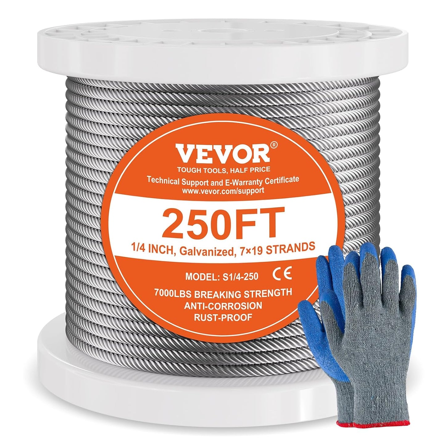 VEVOR Wire Rope, 1/4" 250 ft Zinc Galvanized Carbon Steel Cable with Gloves, 7000 lbs Breaking Strength, 7 x 19 Strands Construction Marine Aircraft Grade for Handrail Stair Decking Fence Outdoors-VerdiqueGarden