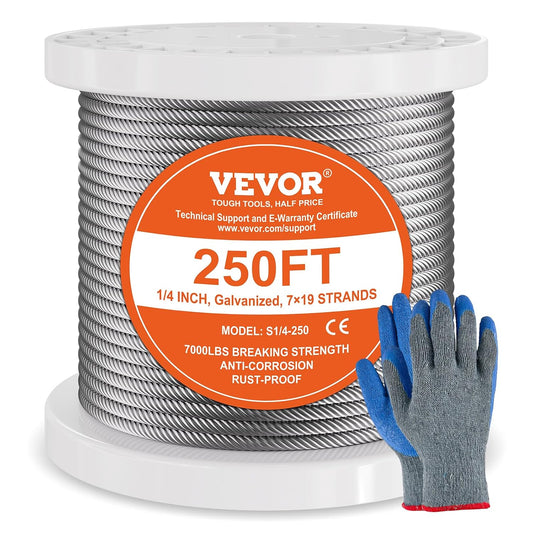 VEVOR Wire Rope, 1/4" 250 ft Zinc Galvanized Carbon Steel Cable with Gloves, 7000 lbs Breaking Strength, 7 x 19 Strands Construction Marine Aircraft Grade for Handrail Stair Decking Fence Outdoors-VerdiqueGarden