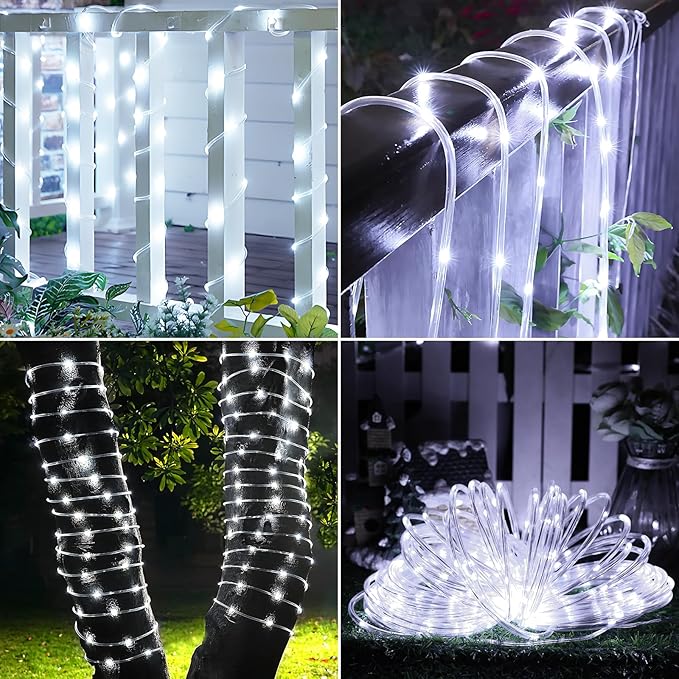 Solar Rope Lights, 2 Packs 66ft 200LED Solar String Lights, 8 Modes Waterproof Solar Powered Outdoor Lights, Flexible Clear Tube Light for Garden, Backyard, Patio, Deck, Porch, Pool,Tree Decor -White-VerdiqueGarden