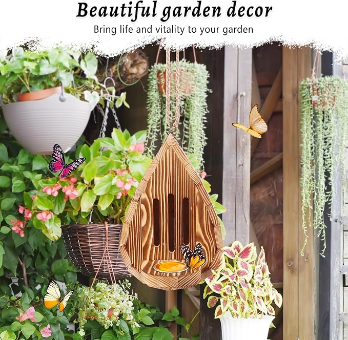 Wooden Butterfly House and Feeder, Hanging Butterfly House for Garden, Natural Butterfly Habitat with Butterfly Puddler for Outside Butterflies, Moths - Backdoor, Easy to Clean-VerdiqueGarden