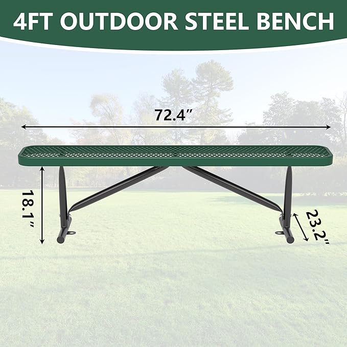 72" L Outdoor Steel Flat Bench, Heavy Duty Metal Park Bench for Outside, Expanded Metal, Commercial Benches Mesh Bench for Shopping Mall, Store, Lawn, Park, Patio, Deck, Garden (Green, 6FT)-VerdiqueGarden