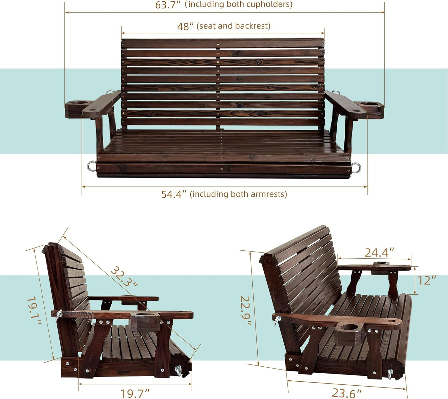 Wooden Porch Swing 2-Seater, High Backrest and Deep Seat, Bench Swing with Cupholders, Hanging Chains and 7mm Springs, Heavy Duty 880 LBS, for Outdoor Patio Garden (Deep Brown, 4.5 feet Extra-Large)-VerdiqueGarden
