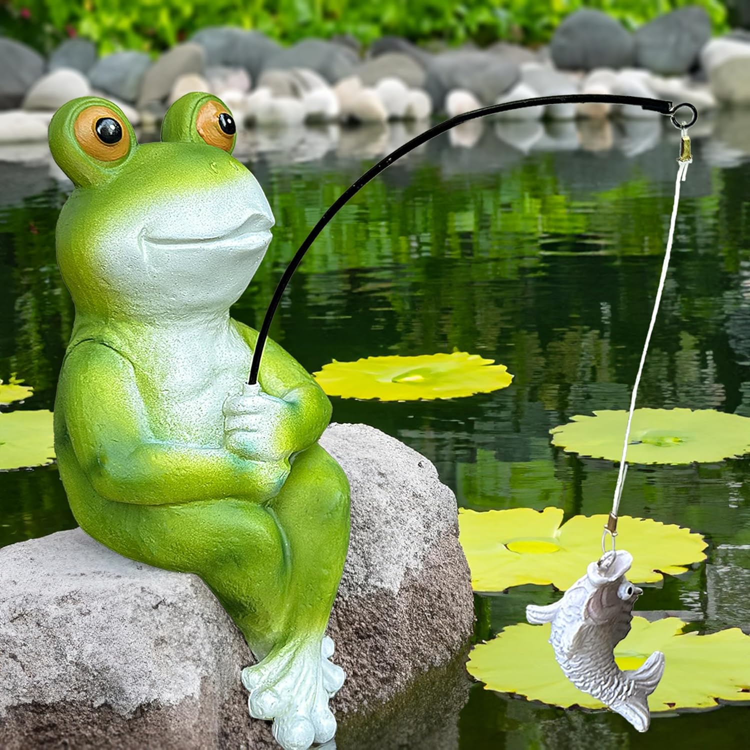 9.5" Fishing Frog Statue, Whimsical Lawn Yard Art, Funny Garden Pond Fisherman Sculpture, Resin Animal Decorative Figurine, Ideal for Frog Lovers-VerdiqueGarden