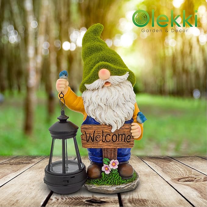Garden Gnomes Outdoor - Flocked Gnome Statue Holding Lantern with Solar LED Lights | Gnomes Garden Decorations for Patio, Yard, Lawn Ornaments - Gnome Gifts-VerdiqueGarden