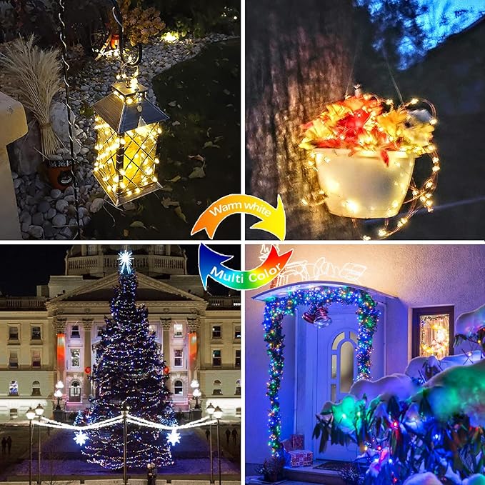 (Warm White ⇋ Multicolor) Solar Christmas String Lights Outdoor, 2-Pack 80FT 200 LED Waterproof Copper Wire, Solar Twinkle Lights with 8 Modes Solar Fairy Light for Tree Garden Wedding Christmas Decor-VerdiqueGarden