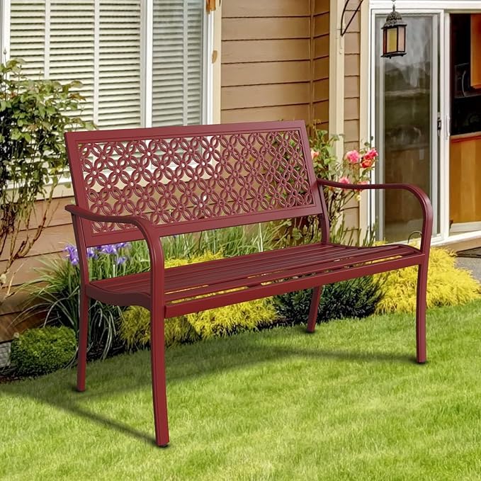 Grand patio 50" Outdoor Bench Garden Bench with Armrests Bench for Outdoors Lawn Yard Porch Red-VerdiqueGarden