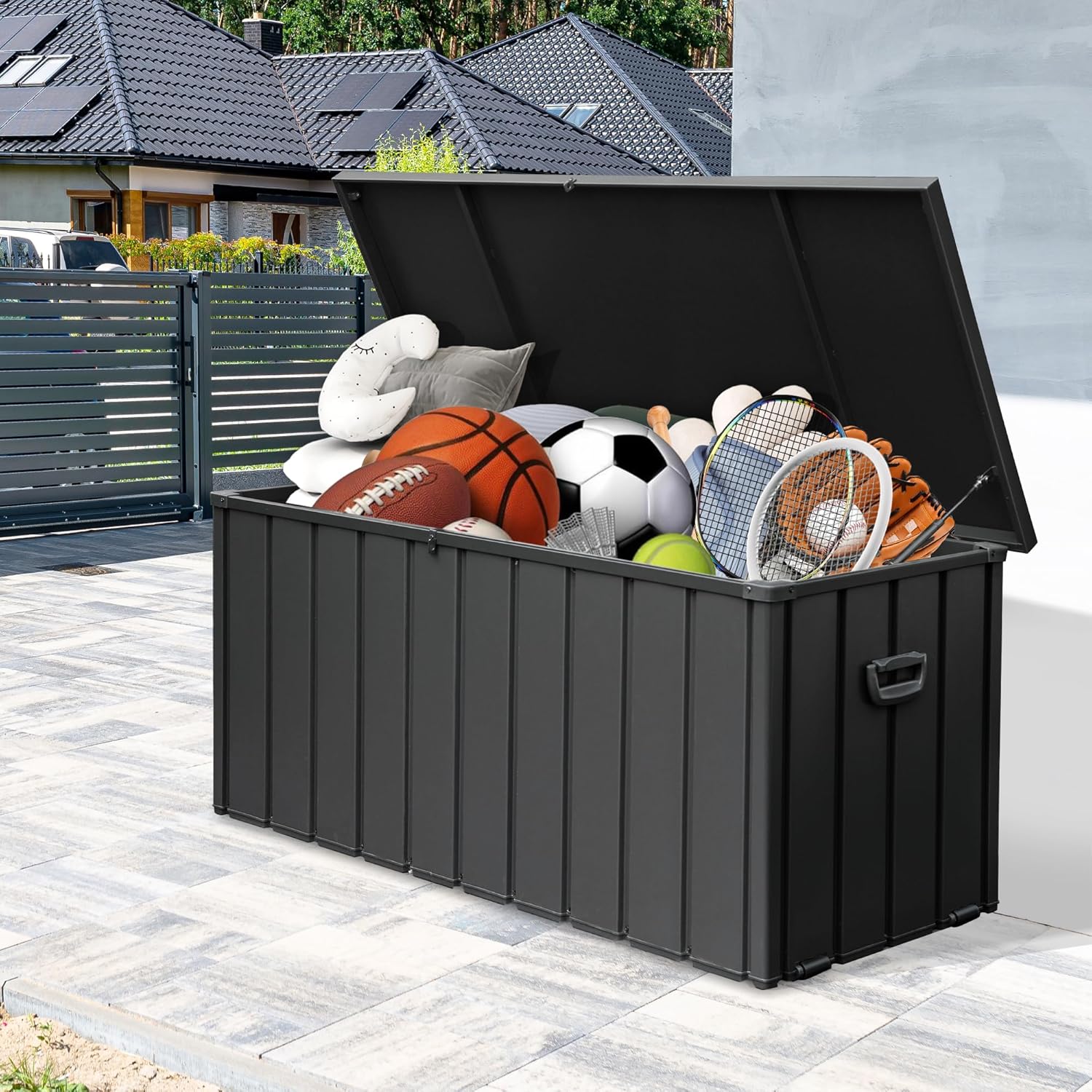 100 Gallon Metal Outdoor Storage Box, Waterproof Steel Deck Box, Large Patio Furniture Storage Cabinet, Lockable Storage Bench for Porch Package Delivery, Cushions, Pool, Tools- Dark Grey-VerdiqueGarden