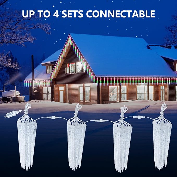 Icicle Lights Outdoor, 10 Ft Meteor Shower Lights with 10 Ice Shaped Tube, Snowfall Shooting Star Light Effect, Falling Crystal Christmas Decorations for House Eave Roofline Patio, Multicolor-VerdiqueGarden