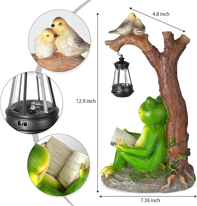 Outdoor Funny Frog Statue, Resin Reading Frogs Garden Decor, Solar Frog Gift Sculpture Decoration for Home Patio, Yard, Lawn, Porch, Ornament-VerdiqueGarden