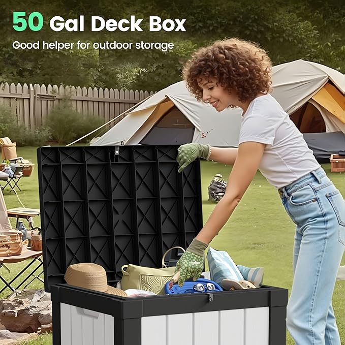 50 Gallon Storage Box, Waterproof Deck Box for Indoor & Outdoor Use, Lockable Pool Storage Bin for Package Delivery, Outdoor Bench for Patio Cushions, Garden Tools, Backyard, Black & White-VerdiqueGarden
